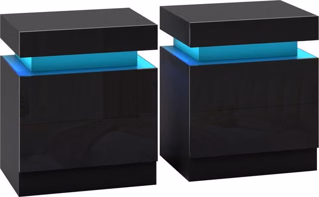 Set 2 Comodini 45x35x52 cm LED a 16 Colori e 4 Modalità con 2 Cassetti in Legno Nero