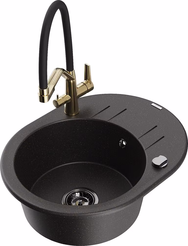 Mexen Kevin lavello in granito a 1 vasca con miscelatore da cucina Duo, nero/oro metallico - 6517-75-671701-57-B