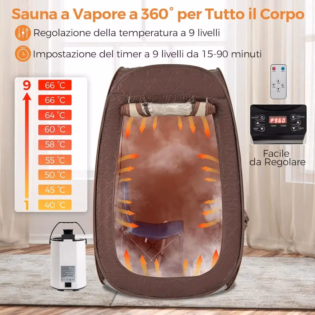 Sauna a Vapore Portatile FDS Gmbh con 3L di Capacità, 9 Livelli di Regolazione della Temperatura da 40-65℃, Telecomando, Sedia Pieghevole e Massaggiatore per Piedi in Legno, Colore Caffè – 2