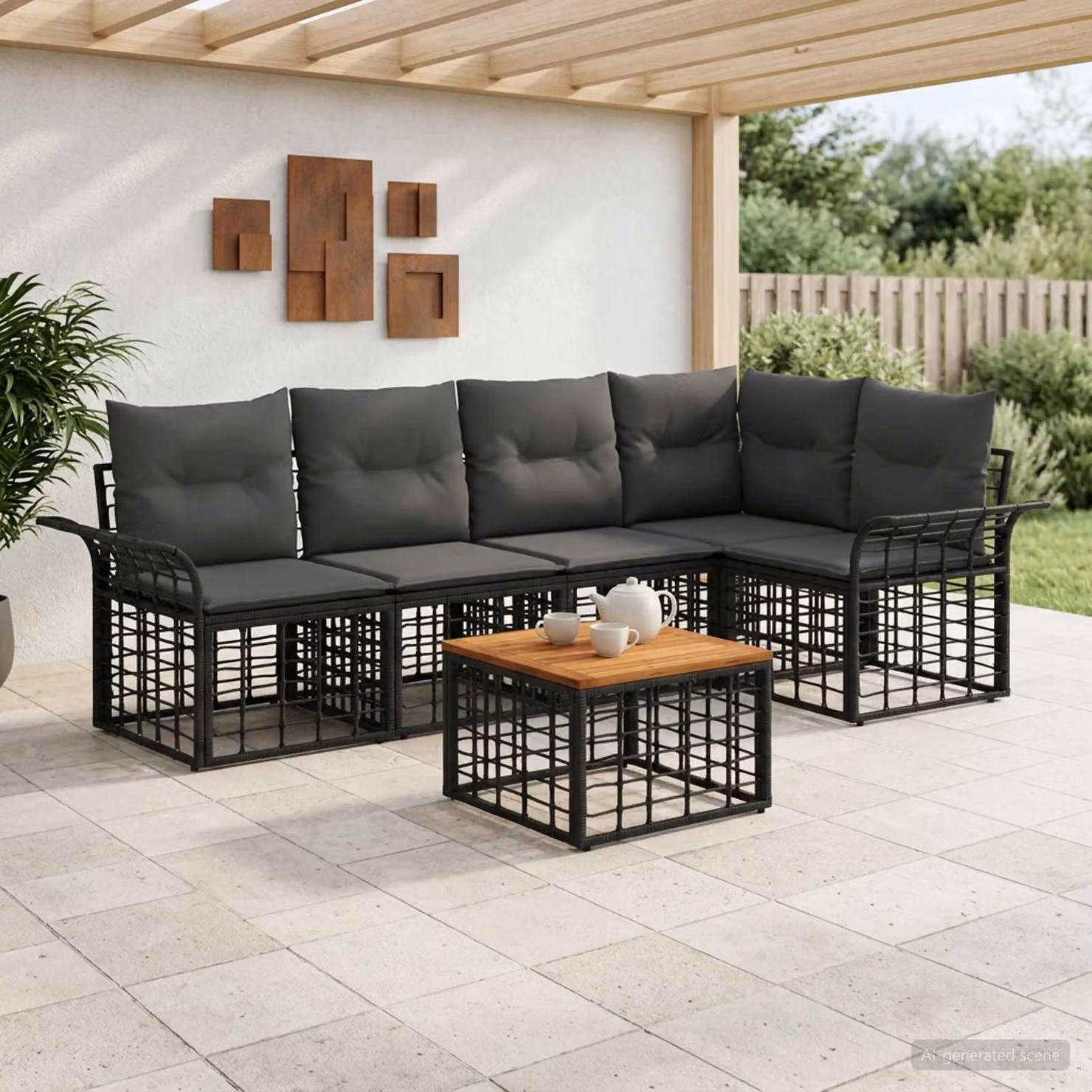 vidaXL Set di divani da esterno a L composto da 6 pezzi con tavolino, colore nero, grigio e antracite, struttura in acciaio verniciato a polvere e cuscini in tessuto con imbottitura in schiuma