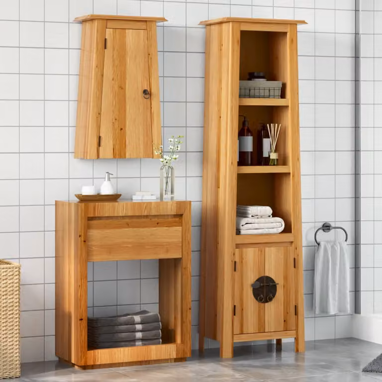 Set di mobili da bagno vidaXL in legno di pino marrone stile vintage composto da armadio alto e pensile con ante a battente e ripiani interni