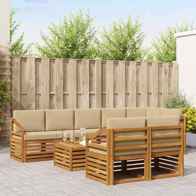 Set di divani da esterno a L con tavolino vidaXL in legno di acacia, colore beige e marrone, composto da 9 pezzi con cuscini inclusi – 1