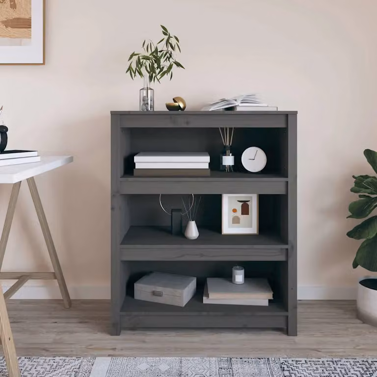 Libreria moderna vidaXL in legno massello di pino grigio con pannello posteriore L: 80 cm, P: 35 cm, H: 97 cm
