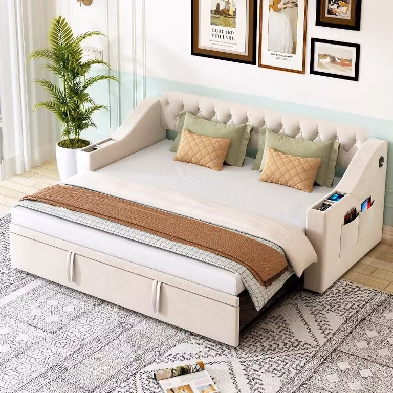 Divano letto imbottito, dimensioni 90x190 cm. Divano letto estendibile, dimensioni 180x190 cm, con porta USB, braccioli con spazio contenitore e tasche laterali, rivestito in velluto color beige
