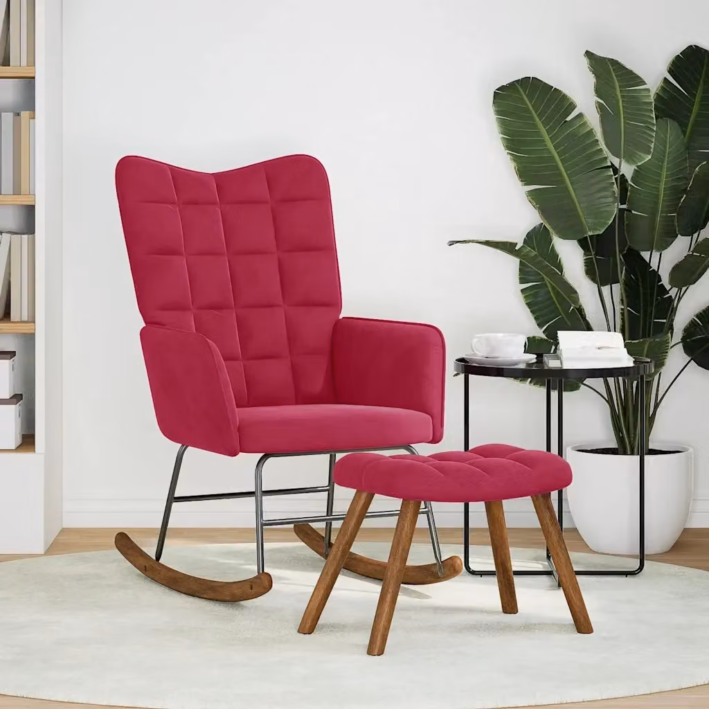 Poltrona Relax a Dondolo con Poggiapiedi Integrato in Velluto Rosso – 2
