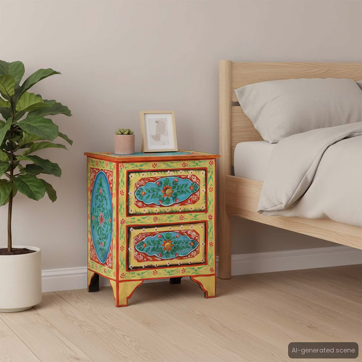 Comodino vidaXL in legno di mango con decorazione floreale multicolore, modello retro a parete L: 40 cm, P: 30 cm, H: 50 cm