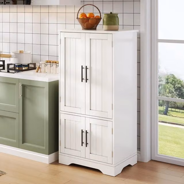 Armadio da cucina bianco 120x60x40 cm, 4 ante con ripiani regolabili e mensole porta, luce LED a sensore, per cucina, sala da pranzo o soggiorno