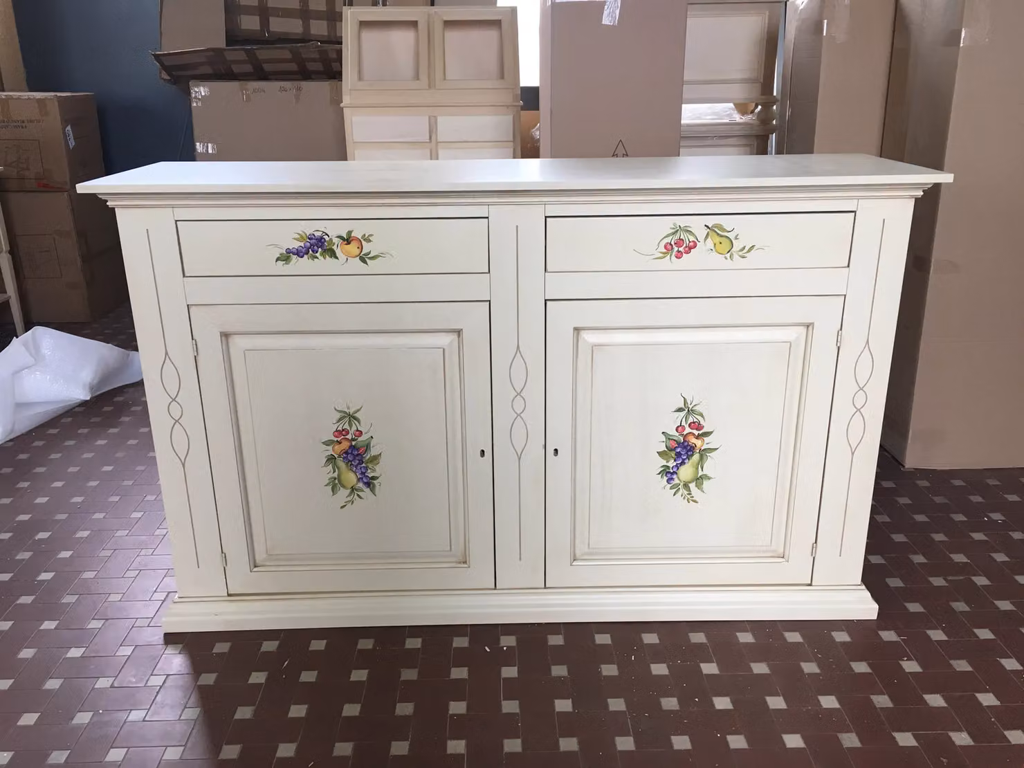 Credenza Mobili 2G in legno bianco invecchiato con decori floreali L: 177 cm, P: 48 cm, H: 110 cm – 2