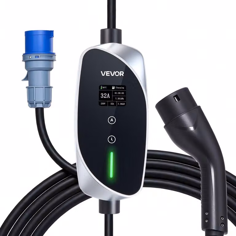 Wallbox mobile, 7,4 kW 32 A, caricatore portatile per veicoli elettrici di tipo 2, caricatore monofase per veicoli elettrici con cavo di ricarica da 6 m, spina CEE, schermo LCD, stazione di ricarica regolabile per veicoli elettrici, scatola di controllo I