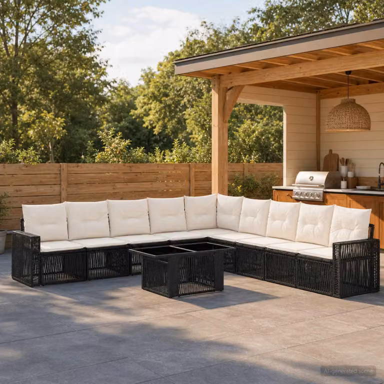 Set Divano da Giardino vidaXL 10 Pezzi in Polyrattan con Tavolino e Cuscini, Design Moderno a L, Nero e Bianco Crema