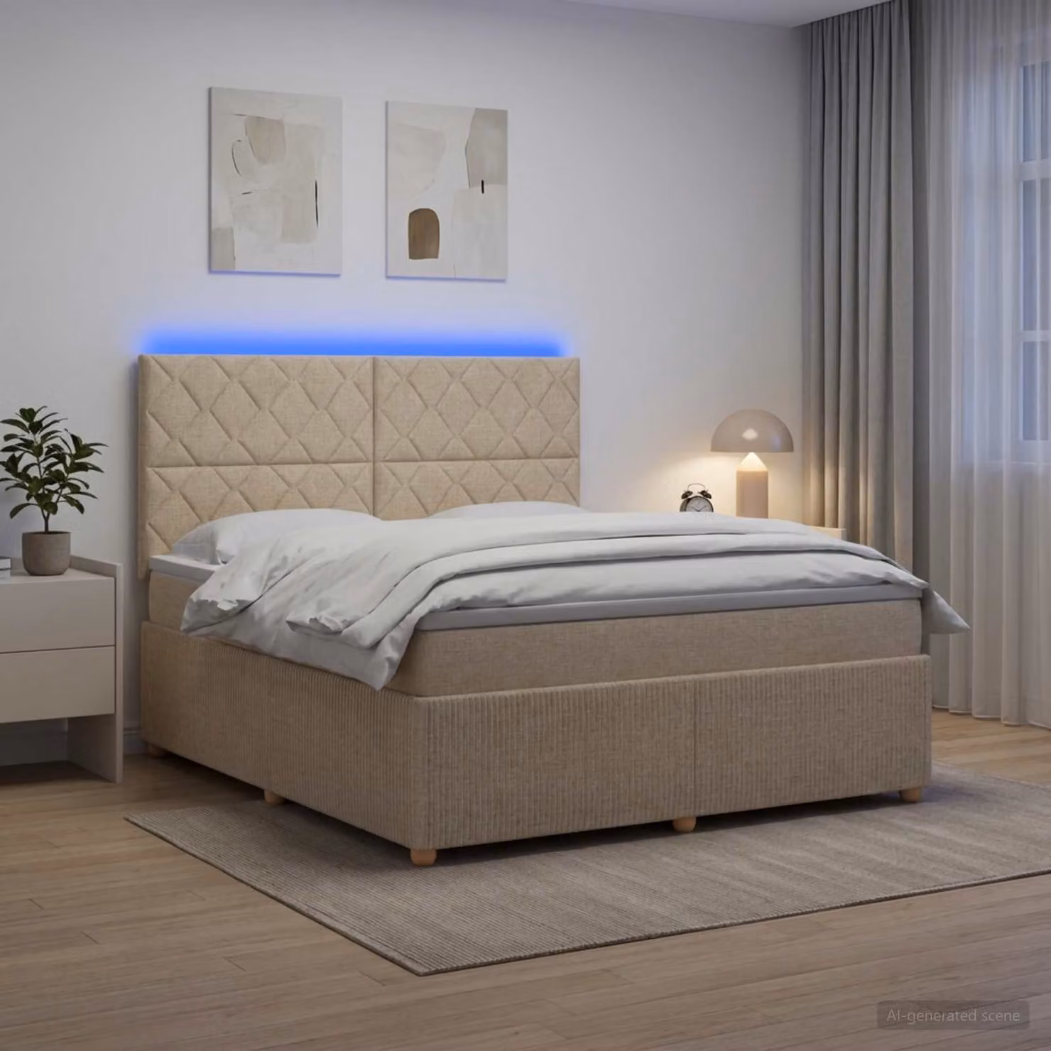 Letto Box Spring vidaXL con Materasso Ibrido e Illuminazione LED, Colore Beige e Bianco, L/P: 140 x 200 cm