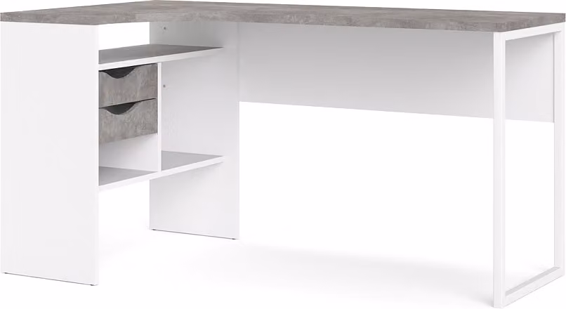 Plus Scrivania angolare con 3 ripiani e 2 cassetti, bianco / decorazione cemento.