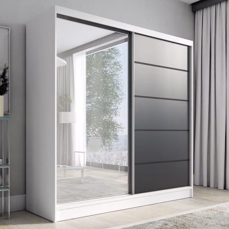 Armadio a porte scorrevoli, a 2 ante con specchio NERO 2 200 cm (bianco / nero)