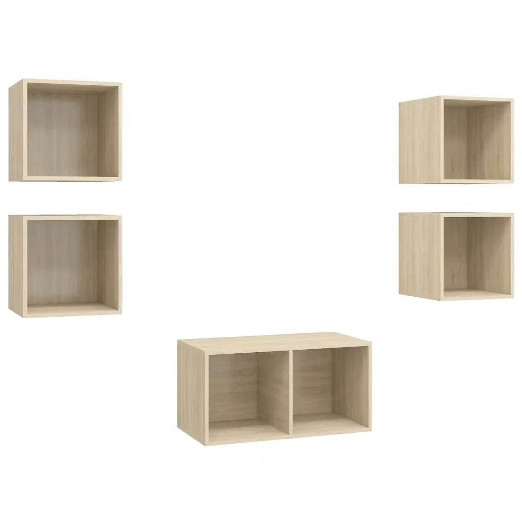Set di mobili per la zona living composto da 5 pezzi, tra cui credenza per TV, in legno multistrato color rovere e beige – 2