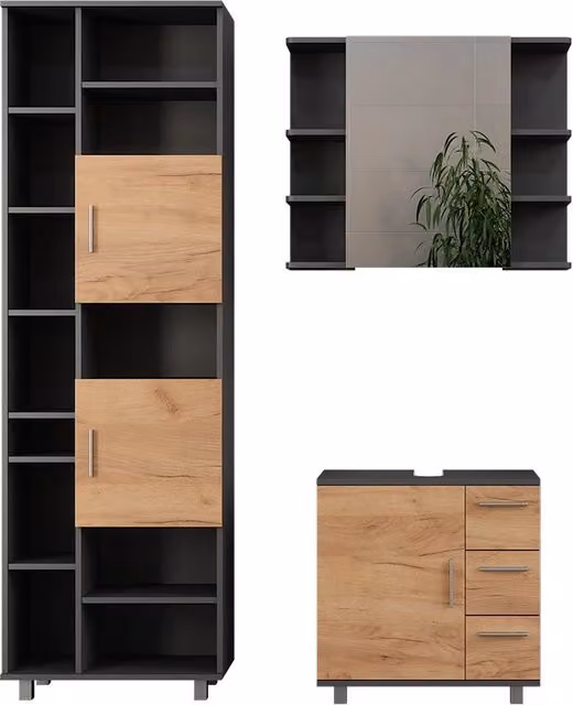 Set di mobili da bagno Ilias Antracite/Rovere dorato 3 pezzi Vicco