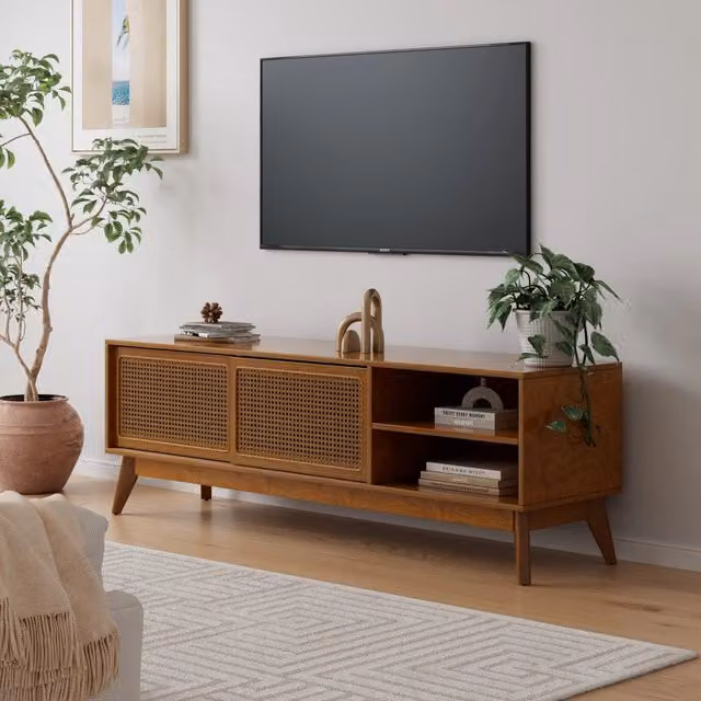 Mobile TV con ante in rattan per TV fino a 65 pollici in legno e MDF noce