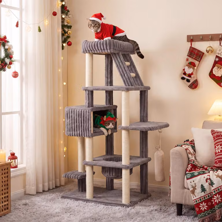 COSTWAY - Albero per gatti a più livelli da 180 cm, ideale per gatti di grossa taglia, con piattaforma panoramica, casetta, amaca, pali in sisal e sistema di protezione anticaduta