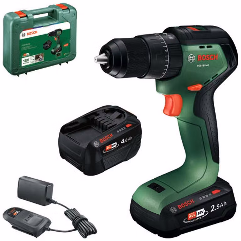 Trapano avvitatore a batteria PSB18V-60, con 2 batterie (2,5Ah + 4,0Ah) fornito in valigetta per artigiani