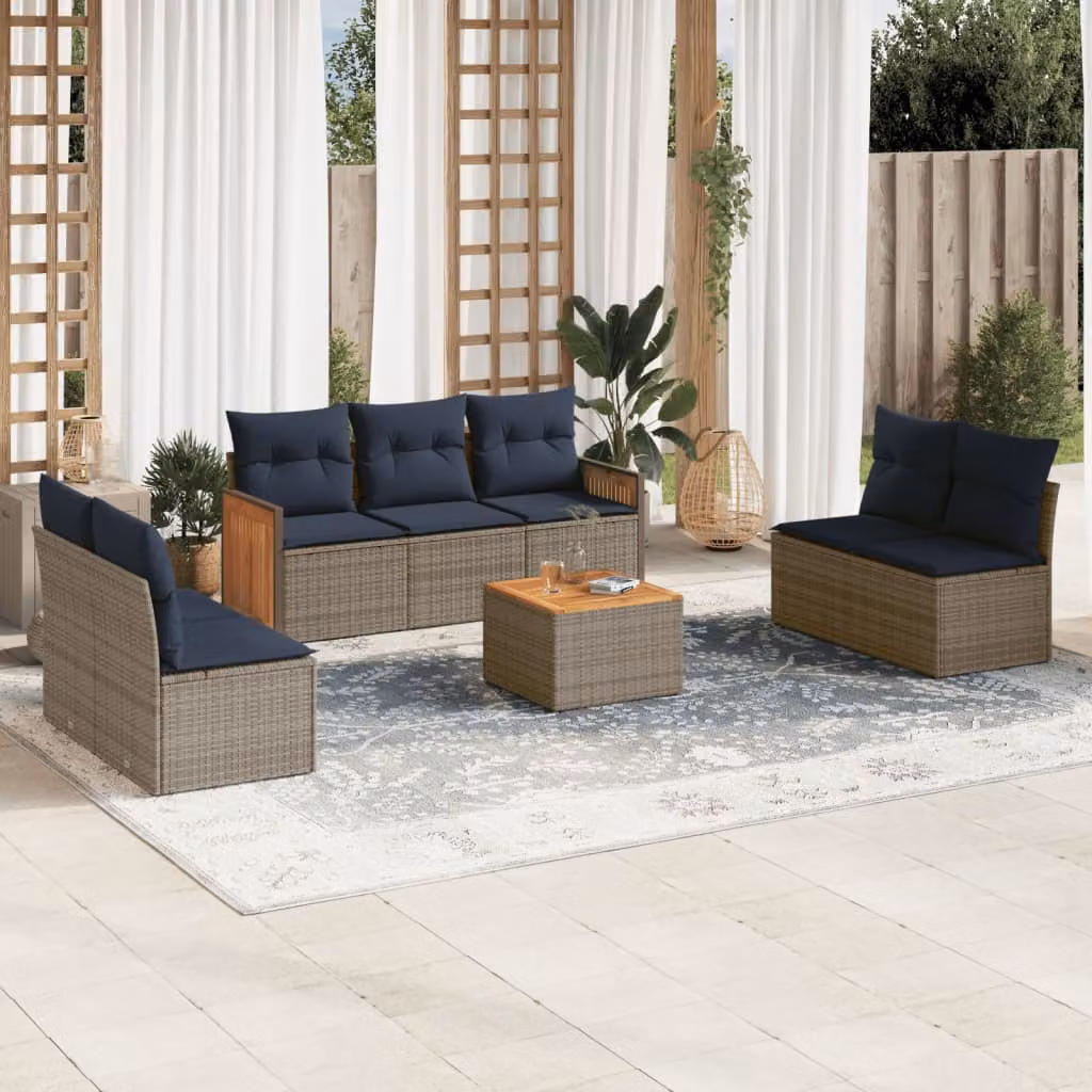 Set da giardino vidaXL in polyrattan composto da 8 pezzi con cuscini grigi e blu e tavolino da caffè per esterno