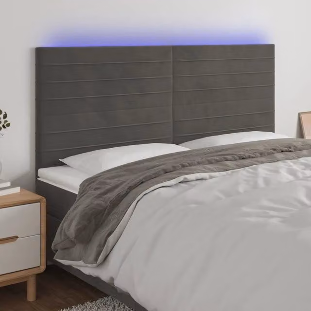 Testiera con LED Design Mania in Velluto Grigio con Porte USB L/P/H: 200 x 5 x 118/128 cm – 1