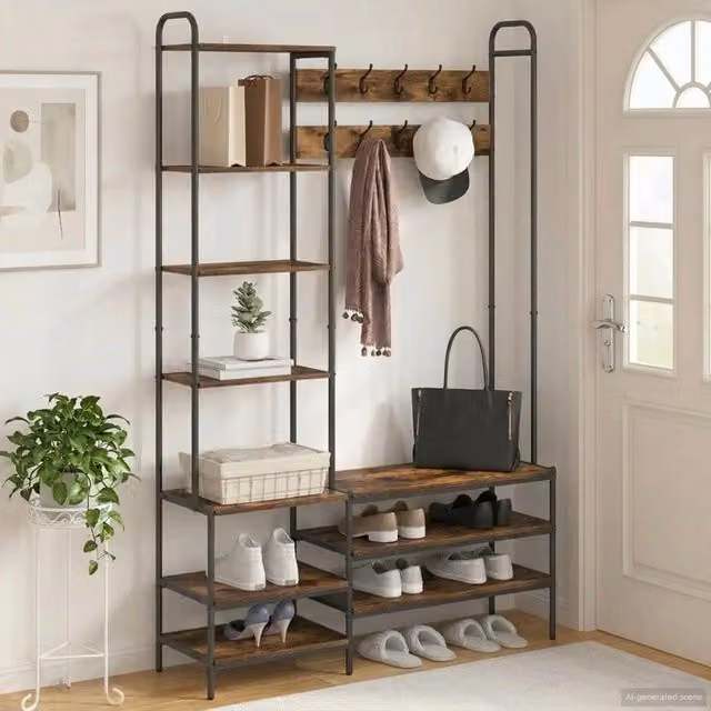 Appendiabiti con panca per scarpe stile industrial vidaXL in legno e metallo marrone L: 120,5 cm, P: 34 cm, H: 190 cm – 1