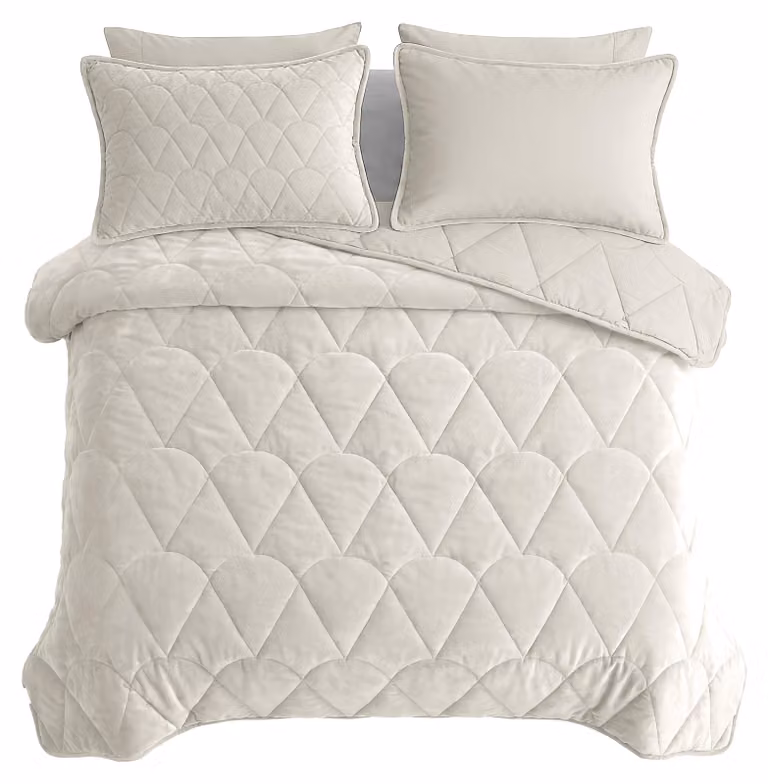 Sleeptime, coperta trapuntata in velluto beige, 200 x 200 cm, con federe
