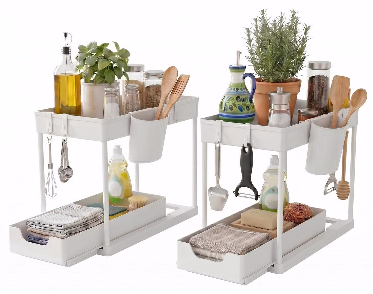 Omgoods - Portaoggetti per pentole e padelle - Organizer multifunzionale per la cucina, bianco - confezione da 2