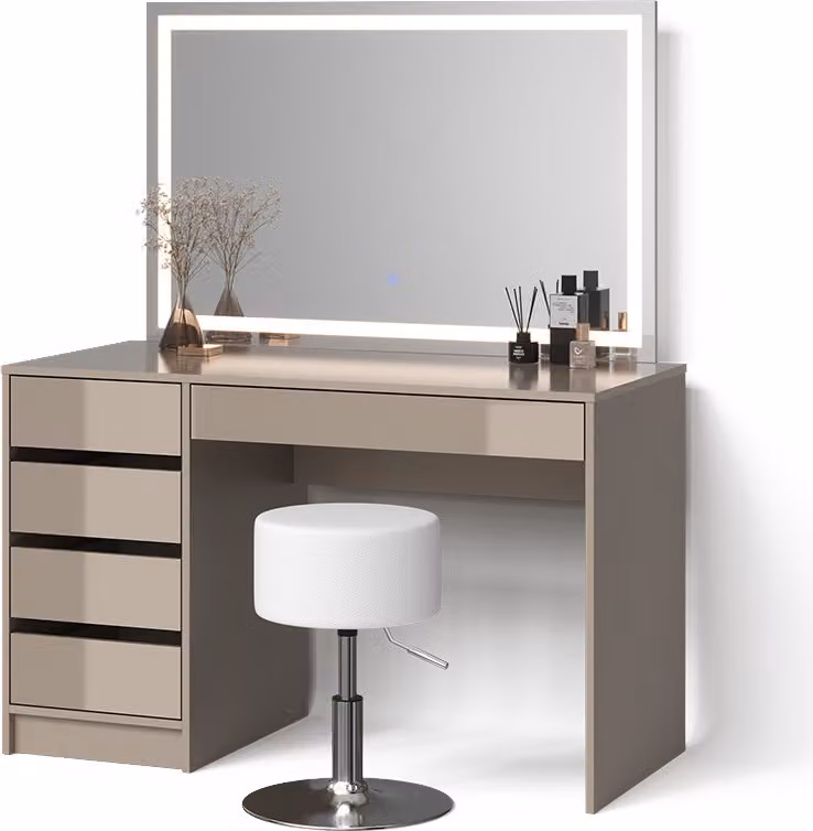 Tavolino da toilette Livinity Imola Grigio con specchio LED e sgabello, Model 52447