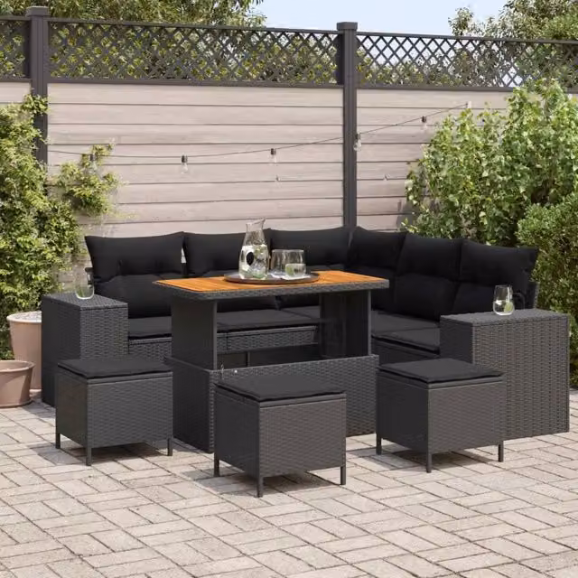 Set Divano da Giardino 9 pz 8-Numero di posti Nero polyrattan 3363959