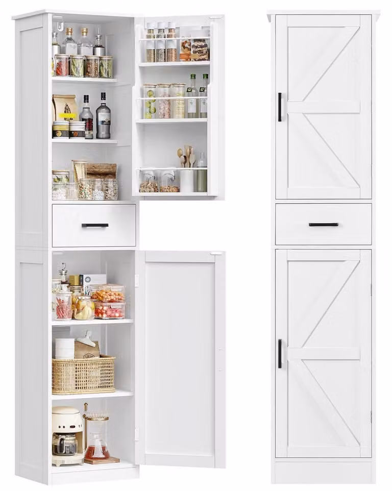 Armadio alto per cucina, stretto, multiuso, con ripiani regolabili, altezza 170 cm, colore bianco