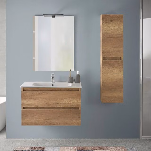 Mobile bagno sospeso INBAGNO Nadia rovere naturale con pensile H 125 cm e base 80 cm