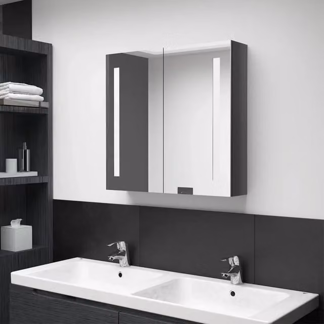 Armadietto da bagno moderno vidaXL con specchio e illuminazione LED, ante in vetro, grigio lucido, L: 62 cm, H: 60 cm, P: 14 cm
