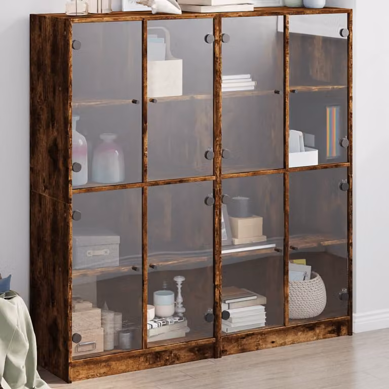 Libreria moderna vidaXL con ante in vetro e ripiani interni in legno Rovere Fumo, L 136 cm x P 37 cm x H 142 cm