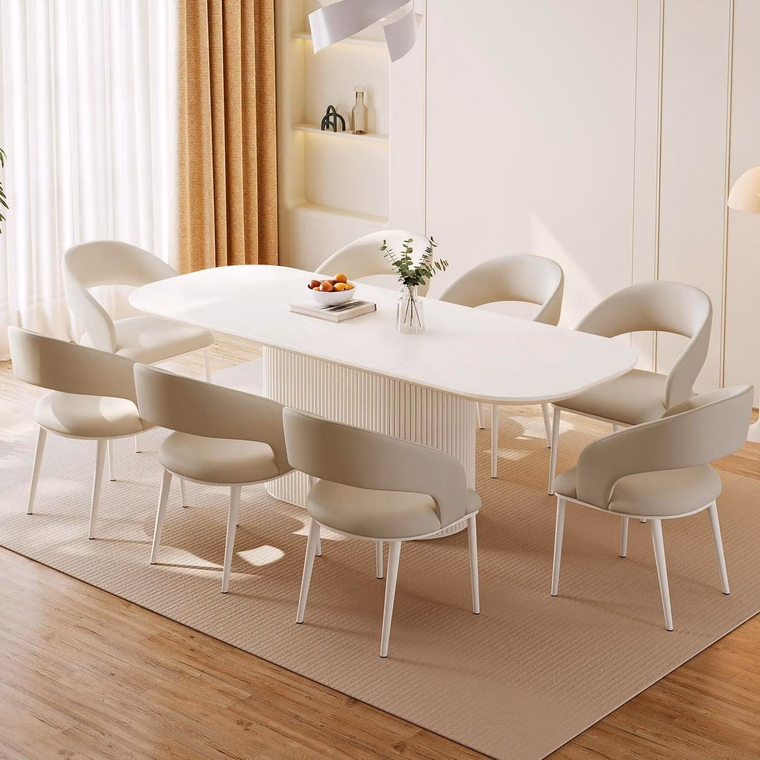 Tavolo da pranzo bianco con 8 sedie, diametro 220 cm, forma rotonda, facile da pulire