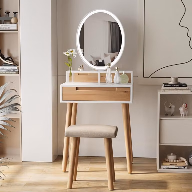Comò da trucco con specchio a LED e poggiapiedi, 3 cassetti, luminosità regolabile, 60 cm, finitura effetto legno di quercia