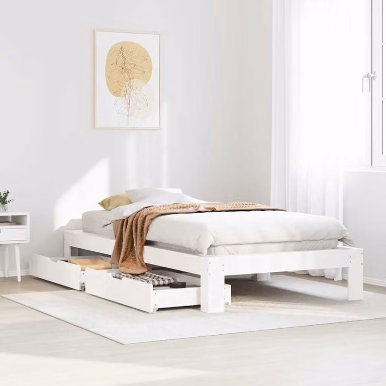 vidaXL Giroletto in Legno di Pino Massello Bianco con Doghe Fisse L/P/H: 200 x 90 x 111,5 cm