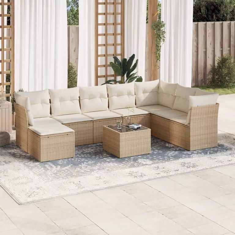 vidaXL Set Divano da Giardino 9 pz Moderno con Cuscini Beige e Tavolino in Metallo e Vetro