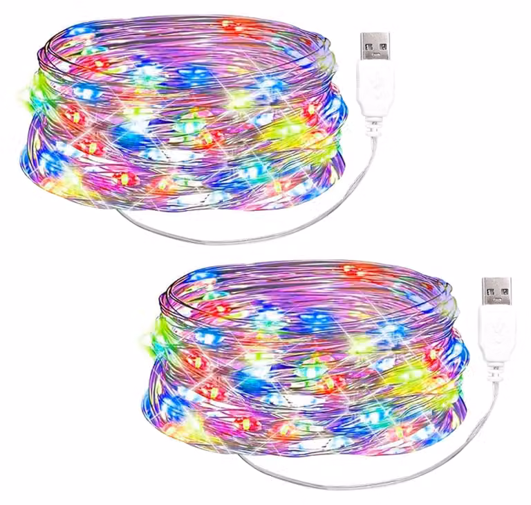 Catena luminosa a LED, 3 metri, 30 LED multicolore, alimentazione USB, confezione da 2 pezzi