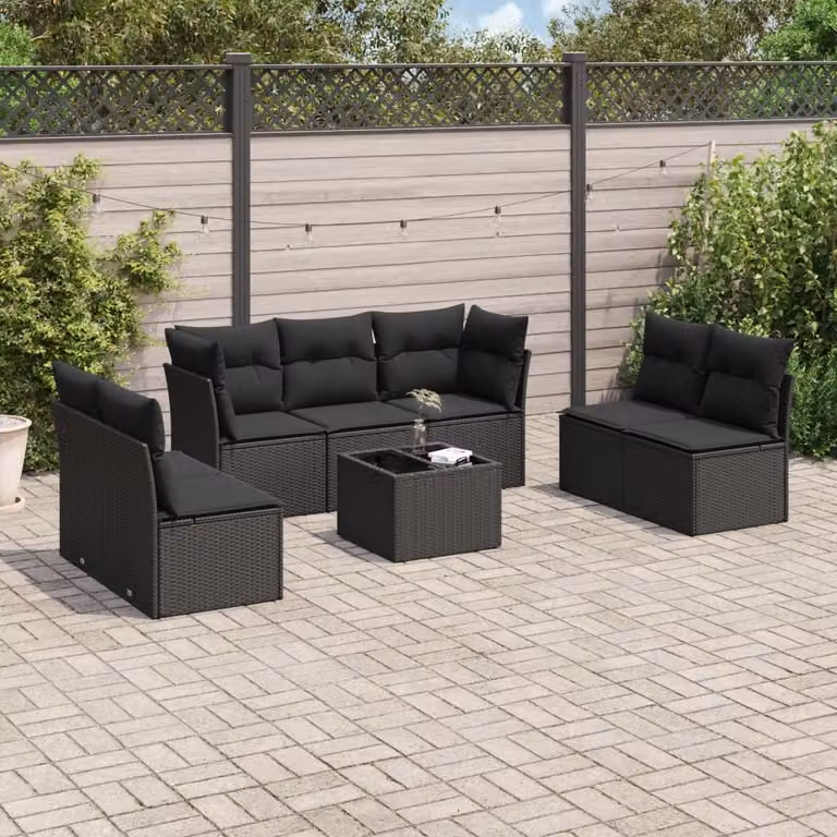 Set di divani da giardino vidaXL a forma di L in polyrattan nero con 8 pezzi e cuscini inclusi