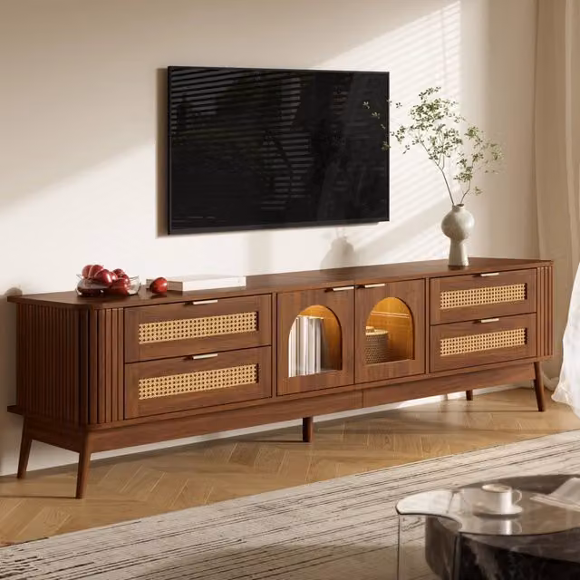 Mobile TV con 4 cassetti; ante in vetro di sicurezza arcuato; LED controllabile tramite app; noce 180 × 40 × 50 cm
