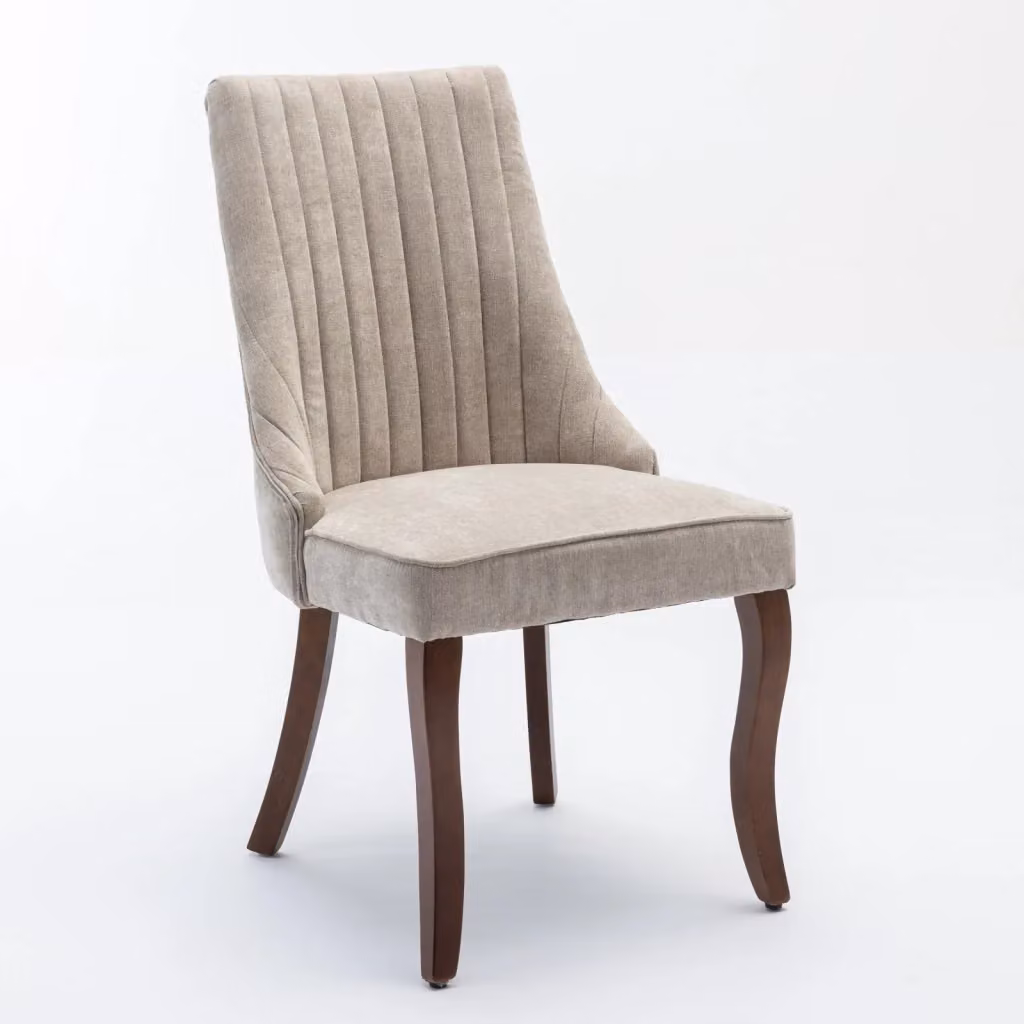 Sedia da sala da pranzo OKWISH imbottita in ciniglia beige con schienale alto e gambe in legno massello – 2