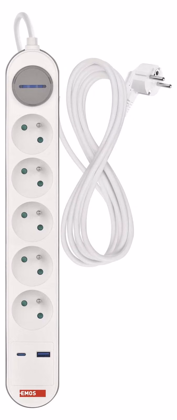 Prolunga Emos con 5 prese USB A+C FAST e interruttore, 3 m, bianca