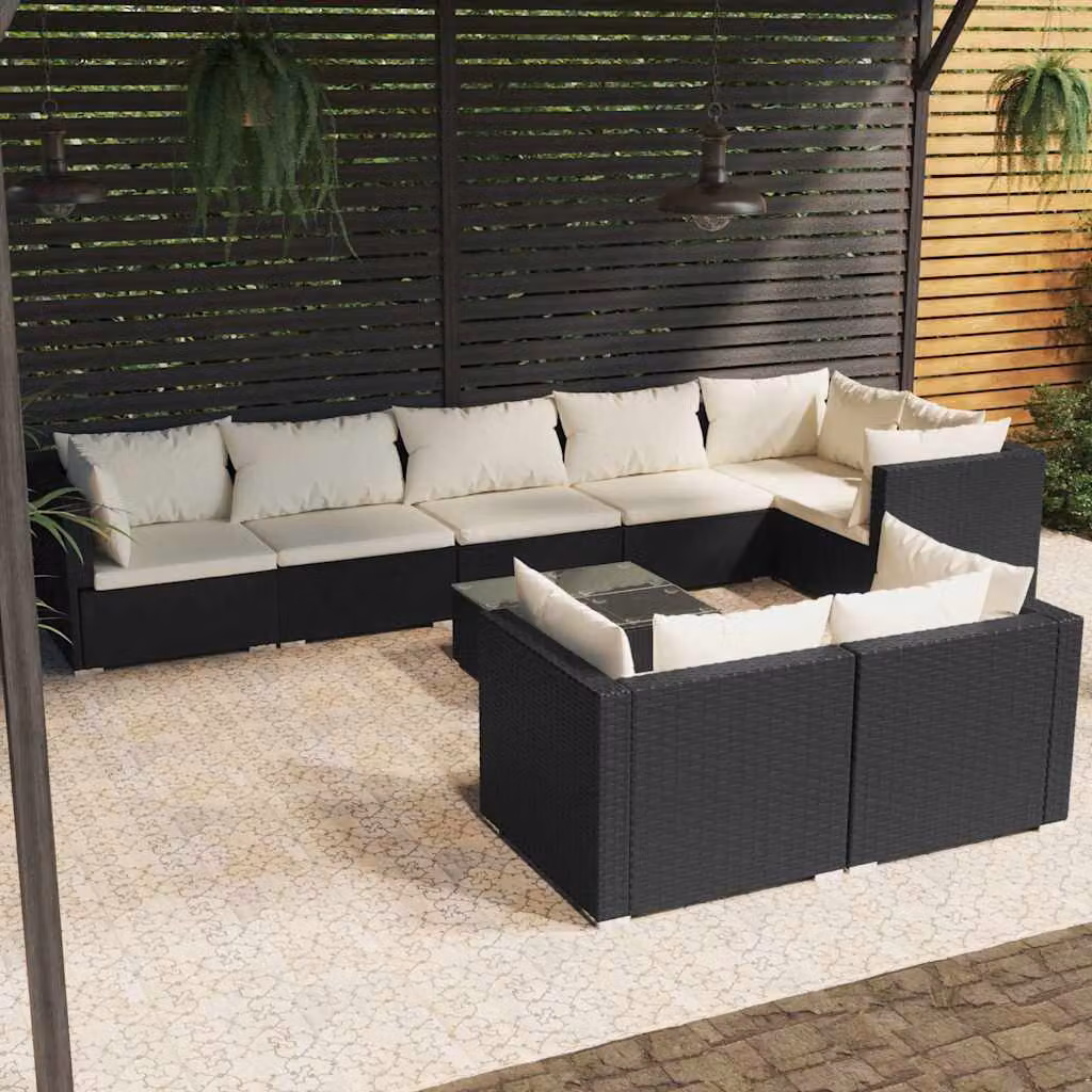 Set Salotto da Giardino vidaXL a Forma di L con 9 Pezzi, Colore Nero e Beige, in Polyrattan con Tavolino e Cuscini Imbottiti