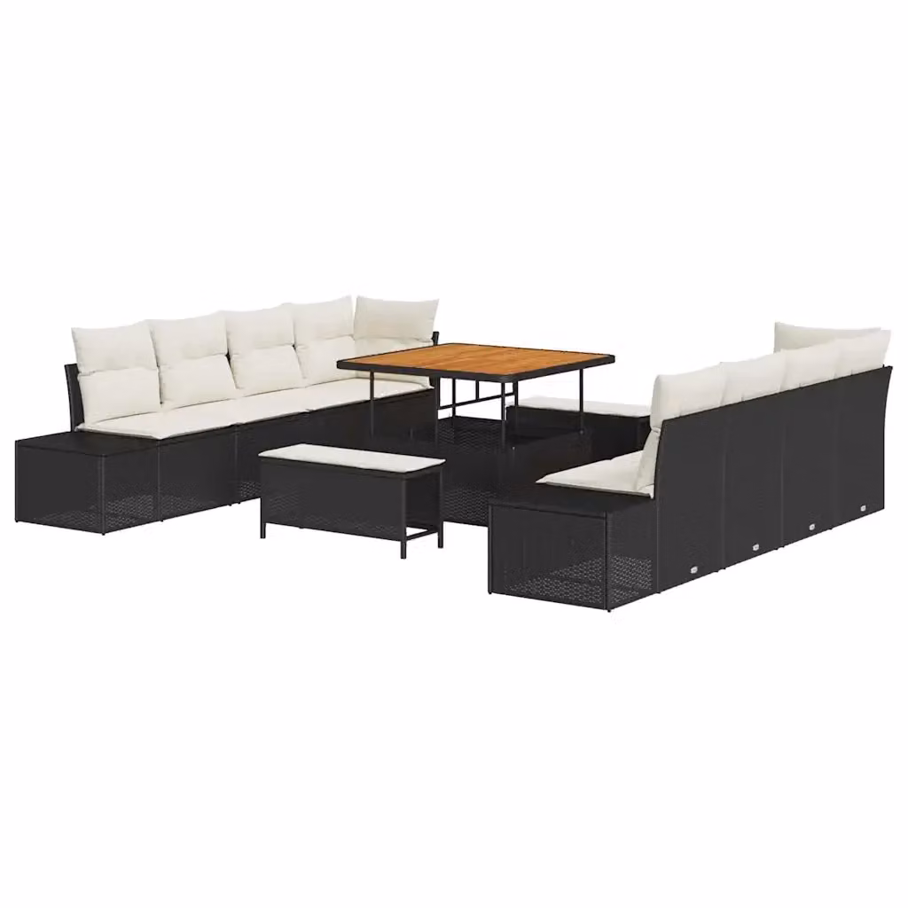 Set Divano da Giardino a Forma di U vidaXL Nero in Poly Rattan con Cuscini e Tavolino, L: 264 cm, P: 62 cm, H: 85 cm – 2