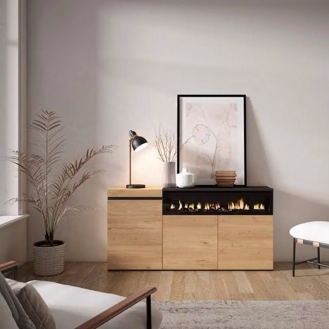 Credenza, Mobile, 150x35x75cm, 3 Porte, Camino elettrico, colore Rovere e nero RF2522