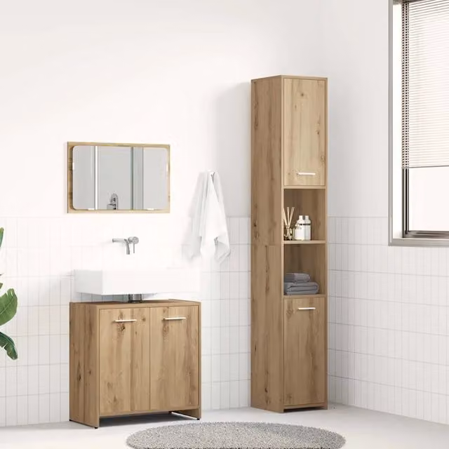 Set di mobili da bagno vidaXL in legno color rovere marrone composto da mobile lavabo, pensile con specchio e colonna alta, design minimalista e montaggio a parete