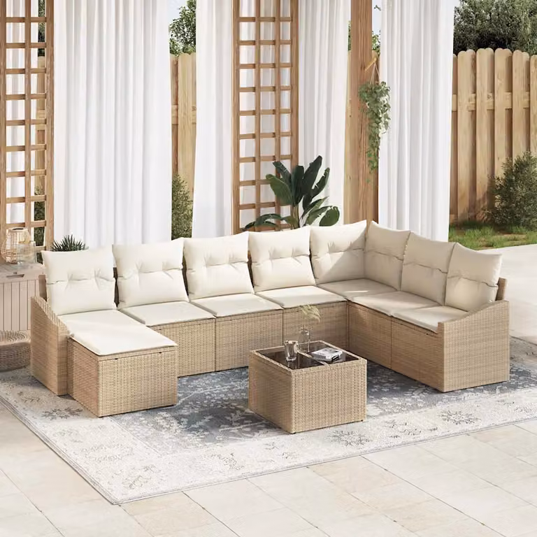 Set di divani da giardino vidaXL a forma di U, 9 pezzi, Beige con cuscini e tavolino da esterno