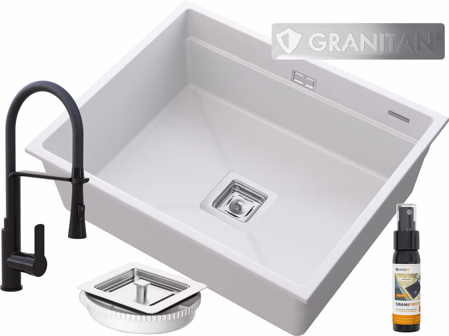 Granitan - Lavello da incasso - Lavello in granito - 60 cm - con rubinetteria e sifone - quadrato - Lavello da cucina - EPIR