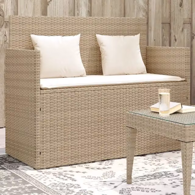 Panca da giardino moderna vidaXL in polyrattan con cuscini beige e struttura in metallo L: 120 cm, P: 50 cm, H: 90,5 cm