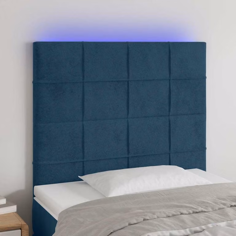 Testiera per letto vidaXL in velluto blu con illuminazione LED e porta di ricarica USB, L: 90 cm, P: 5 cm, H: 118-128 cm